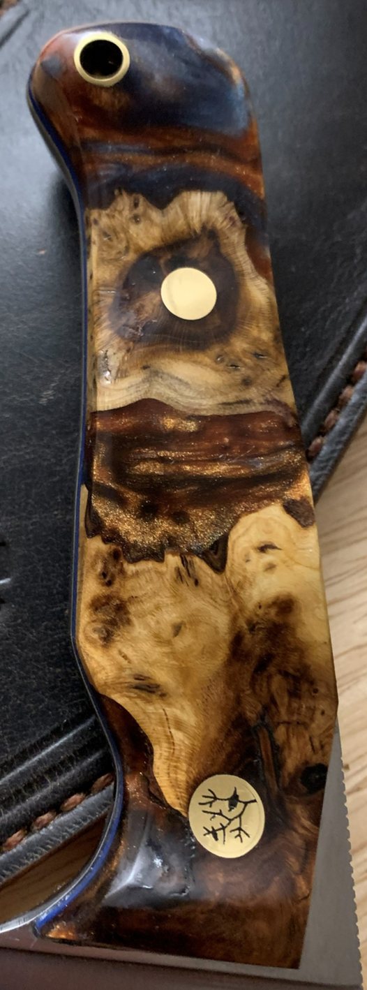 A close-up of a deep amber Russian olive burl handle with a blue resin accent at the top