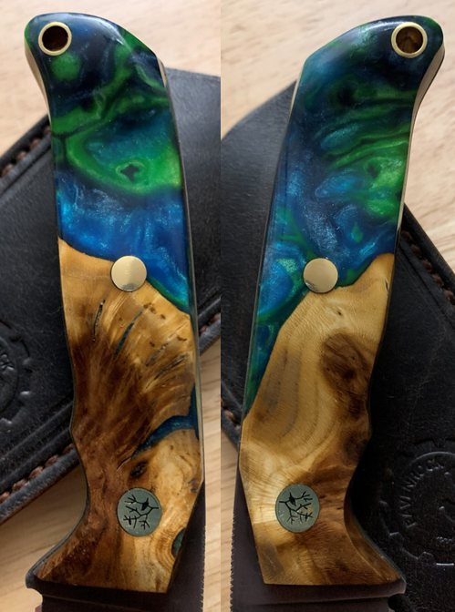 Two close-up views of the RRK-01-009 handle, showing the blue-green stabilized resin transitioning into Russian olive burl