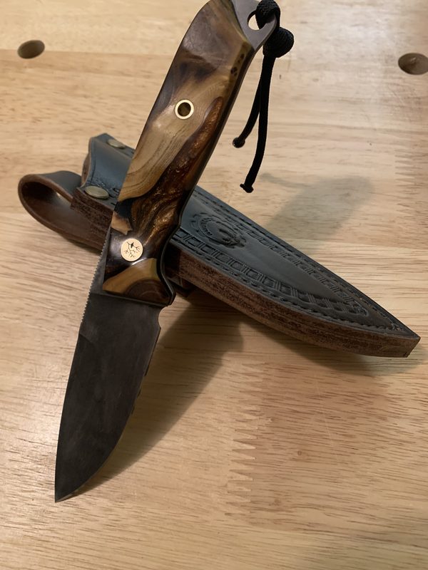 RRK-01-008, the first acid-etched Ravenrock blade, with shaped burl handle